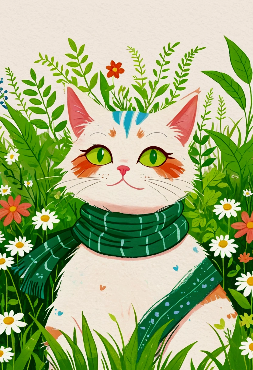 Illustration of a cat with a green patch of grass and plants, Digital Art by Relja Penezic, scarf，shutter, Furry Art, cats and plants, Cat design, Illustration of a cat, Drawn in a whimsical style, Anthropomorphic cat, Colorfull illustration, Cute illustrations, Happy cat, A painting of a cat, a A painting of a cat