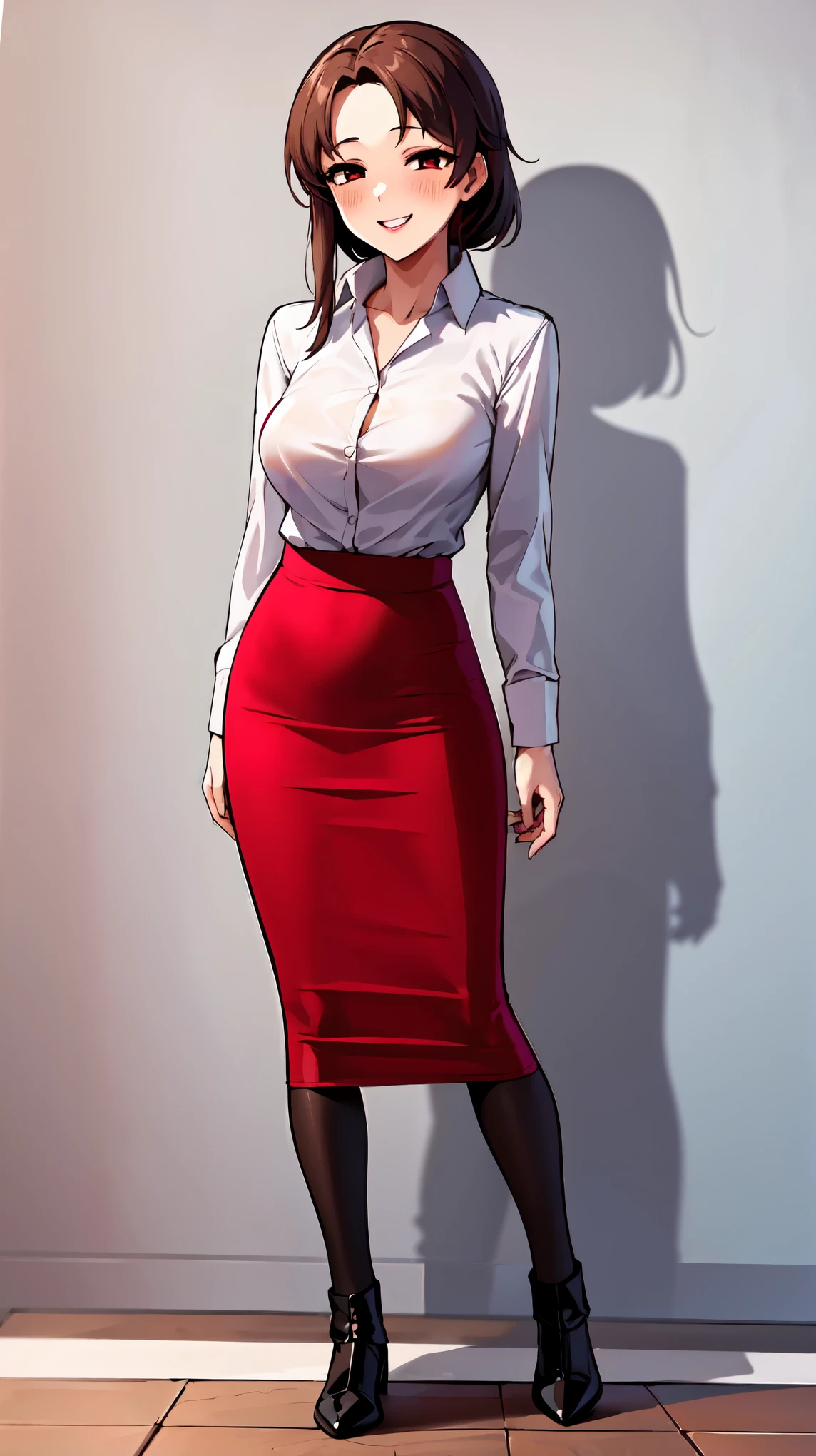 （（super high quality,Ultra-high resolution,16K,super masterpiece,Ultra HD ,Detailed shading,））Full body photo,One sexy woman,Sexy pink dress shirt,popped Tight collar shirts,Red pencil skirt, Looking at the camera,smile,blush,