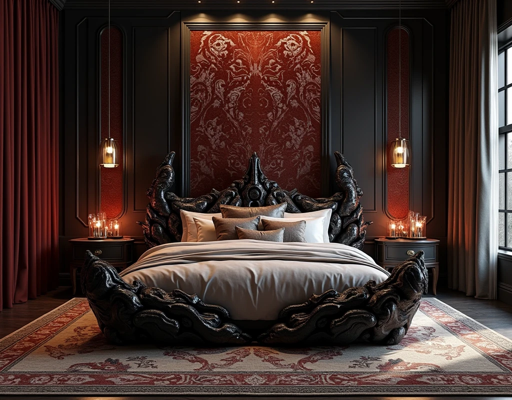 We need a beautiful bed for venom which should be in a room and the room is well decorated.