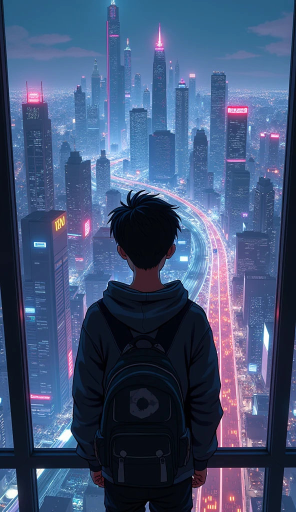 anime cyberpunk theme teenage boy looking at the city from a balcony of a tallest among all the skyscrapers overlooking a neon glowing detailed well structured city(wide angle view)(glowing effect), makoto shinkai cyril rolando, makoto shinkai. —h 2160, style of afrofuturism aerial view,, ( ( makoto shinkai ) ), makoto shinkai. digital render, makoto shinkai!, beautiful anime sceneHawaii, gta vice style , illustration , reteo comic illustration