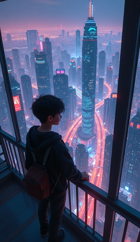 anime cyberpunk theme teenage boy looking at the city from a balcony of a tallest among all the skyscrapers overlooking a neon glowing detailed well structured city(wide angle view)(glowing effect), makoto shinkai cyril rolando, makoto shinkai. —h 2160, style of afrofuturism aerial view,, ( ( makoto shinkai ) ), makoto shinkai. digital render, makoto shinkai!, beautiful anime sceneHawaii, gta vice style , illustration , reteo comic illustration