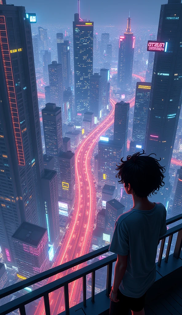 anime cyberpunk theme teenage boy looking at the city from a balcony of a tallest among all the skyscrapers overlooking a neon glowing detailed well structured city(wide angle view)(glowing effect), makoto shinkai cyril rolando, makoto shinkai. —h 2160, style of afrofuturism aerial view,, ( ( makoto shinkai ) ), makoto shinkai. digital render, makoto shinkai!, beautiful anime sceneHawaii, gta vice style , illustration , reteo comic illustration