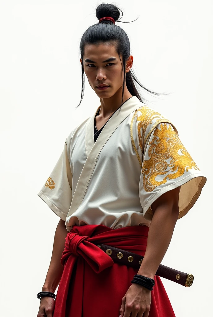 Picture of a Japanese samurai with gold and red colours on white T-shirt