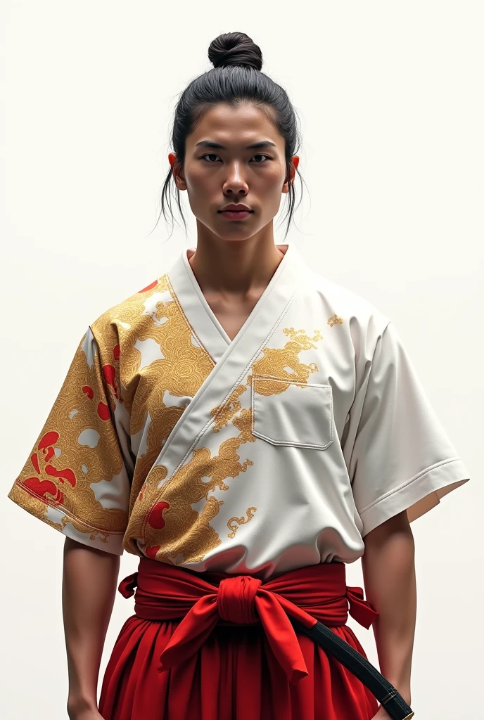 Picture of a Japanese samurai with gold and red colours on white T-shirt 