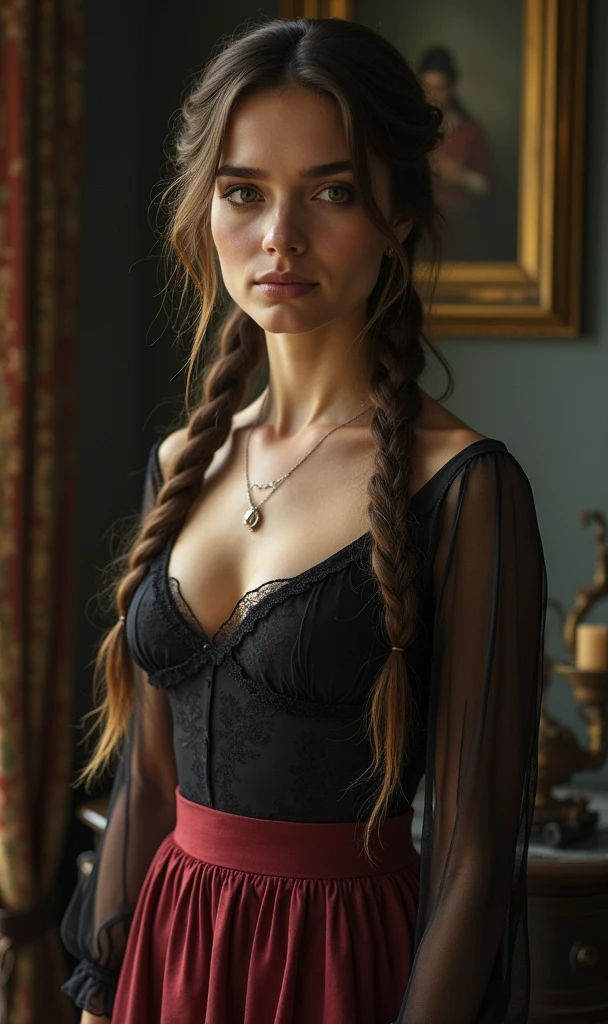 Victorian living room young woman, black and white, volumetric lighting, ultradetailed face, realistic portrait, gorgeous face, long braided hair, realistic photograph, bфy caravaggiom award winning photo, very sharp, full body, ultradetailed, beautiful light, beautiful eyes