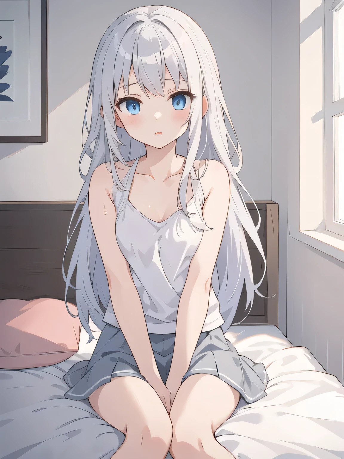 cute girl, anime, silver hair, blue eyes, feel shy, indoor, on the bed, ((high quality)), small bust, cute, (young:1.2), stay, white tank top, bust, gray skirt