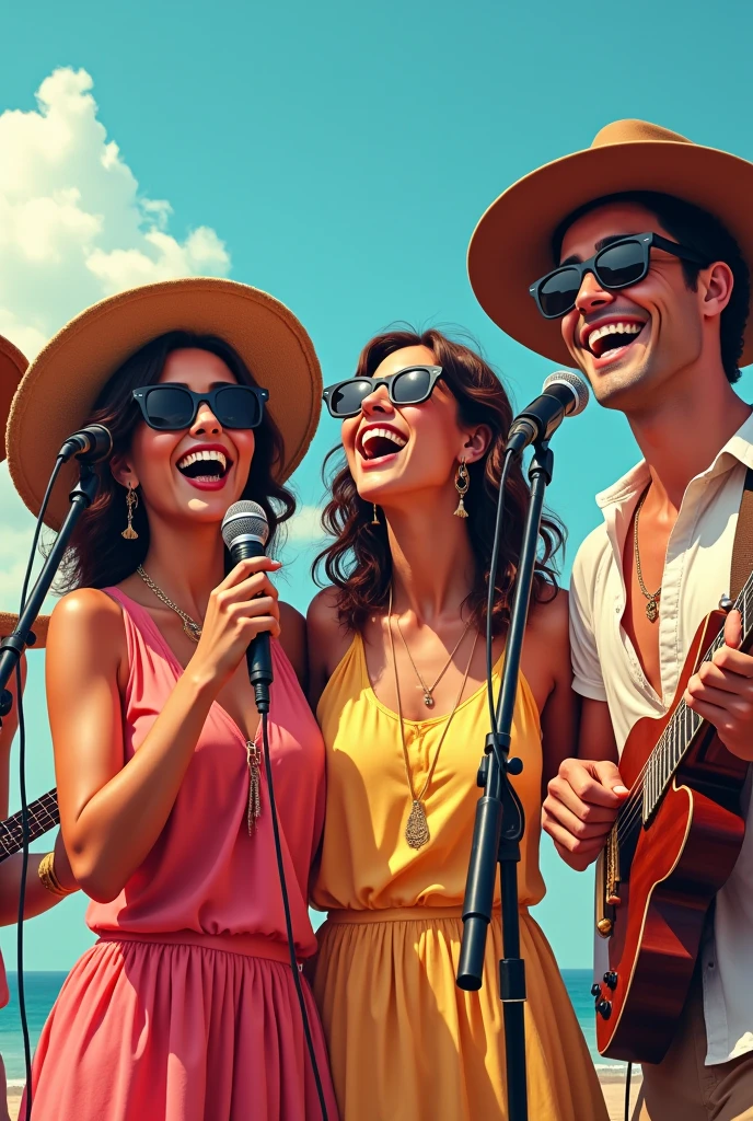 Group emojis 2 women singing and 3 men on instruments ,  smiling with dark glasses , coastal hat, drums and maracas , a gouache , microphones 