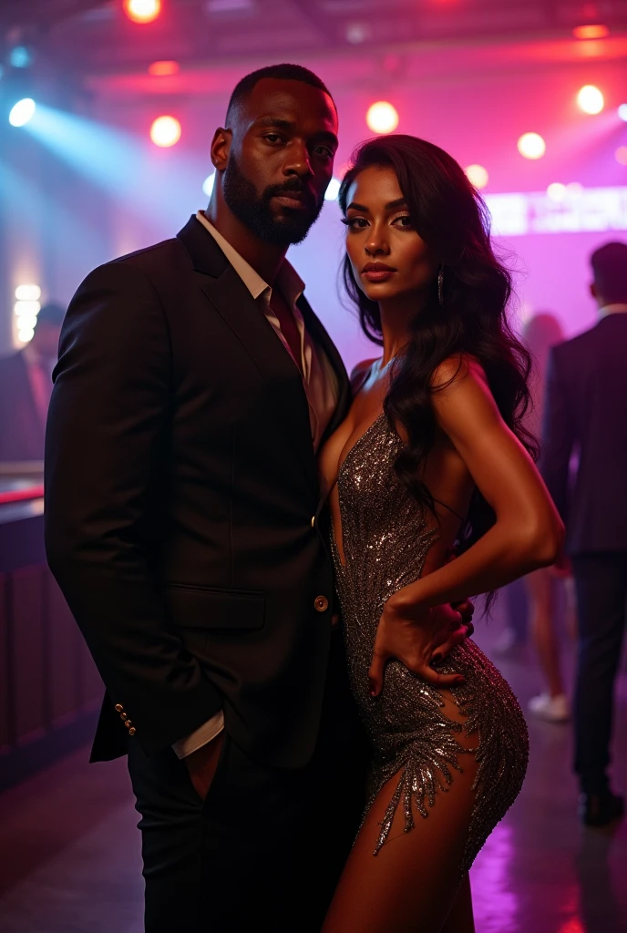 Couple , black man, tall, muscular, indian woman, sexy dress, nightclub,posing for photo, front pose