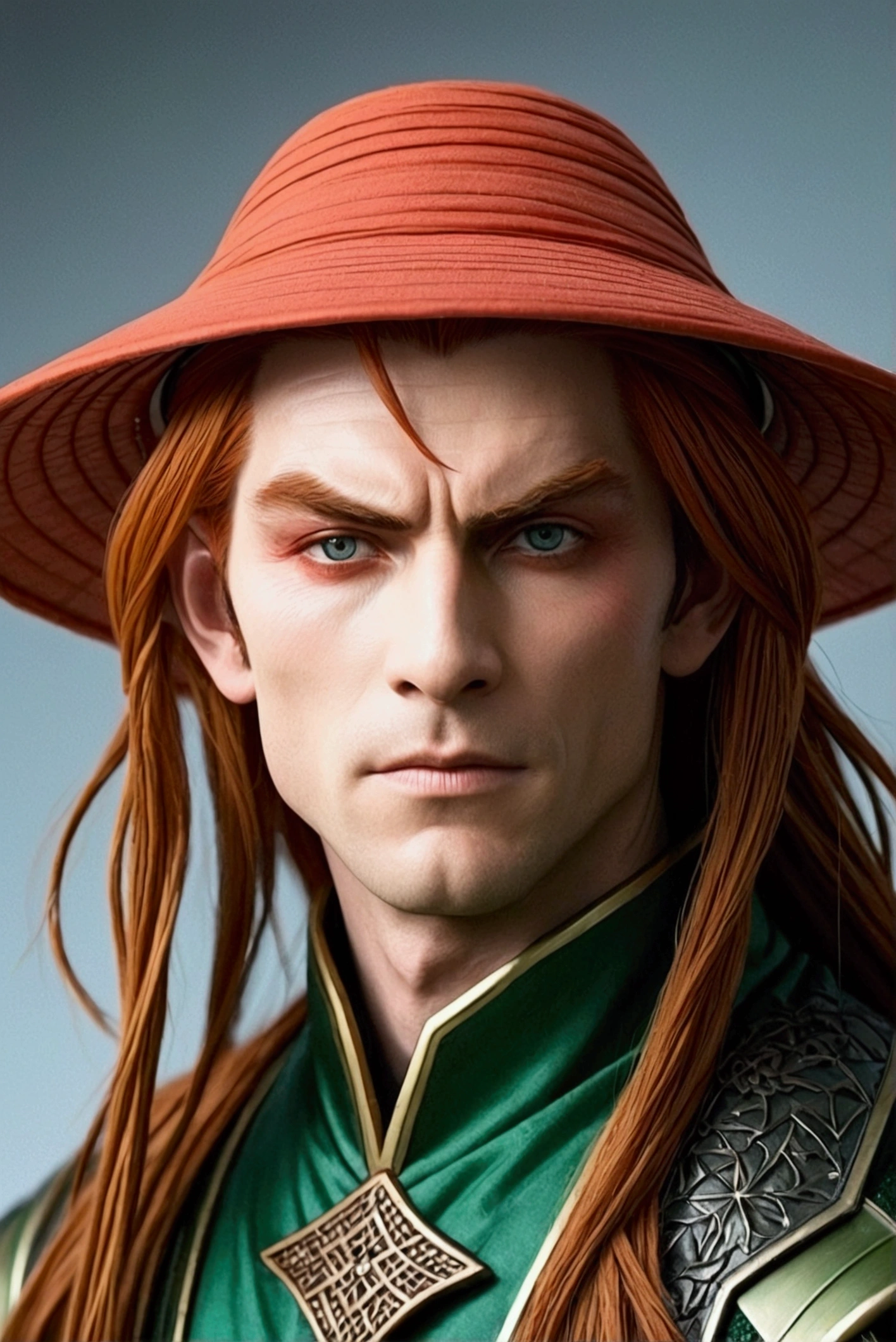 Wandering samurai with long brim straw hat, wheat straw in mouth, male elf with long red hair, katana