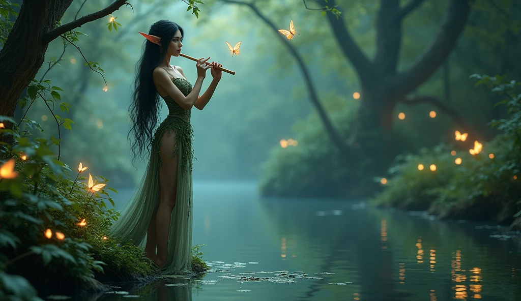 A beautiful and alluring female elf stands by a serene forest lake, her reflection shimmering in the water. She has long, raven-black hair and piercing blue eyes. Her attire is a revealing green dress made of leaves and vines, accentuating her slender figure and long legs. She plays a delicate flute, and magical glowing butterflies surround her. The lush greenery of the forest, combined with the soft, ambient glow of bioluminescent plants, creates a peaceful and mystical scene. Aim for realistic depiction, make sure photos are at highest resolution (8K)