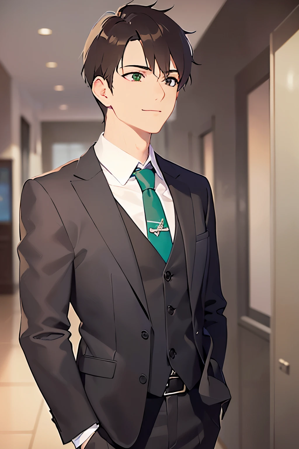 side angle, (looking away:1.5),upper body、shiny skin、masterpiece、Highest quality、BREAKld male:1.5) and (Brown short hair) and (Green Eyes)BREAK、 BREAK (Wearing a suit:1.5) and (Green tie：1.5)BREAK、 (smile:1.3),open mouth,Are standing、The background is the office、(alone:1.5)