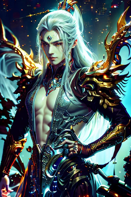 
(Best Quality, 8K, Masterpiece, HDR, Soft Lighting, Picture Perfect, Realistic, Vivid), Male Humanoid Dragon (1.0), 1 Guy, handsome chinese xianxia protagonist,(((male))), Perfect Face, Super Detailed Photo of a Magnificent Humanoid Dragon man with long silver hair,golden amber eyes,golden amber eyes detailed,Beautiful anime fantasy, background blur, anime fantasy, Gouves style work, realistic: 1.37, long silver hair, full lips, (((Curvy guy))), (Ultra high quality fantasy art) , Masterpiece , male model, ultra high quality male character designs, detailed 8k anime art, realistic anime art, highest quality wallpapers, intricate ultra high quality accurate male characters faces, high quality design and accurate physics (fantasy - ultra high quality) art) , dark fantasy style), masterpieces, super high-quality characters, anime resolution - 8K, realistic anime art, wallpapers with the highest quality illustrations, ultra-high detail of faces, high-quality design and accurate physics), color, depth of field, shadows, ray tracing, high quality execution. -high quality and 8K resolution, (Accurate simulation of the interaction of light and materials)], [High-quality hair detail [Read more about beautiful and shiny white hair]], (Beautifully detailed hands [perfect fingers [Perfect nails]]], (perfect anatomy ( perfect proportions)))) [[Full height]], [Perfect combination of colors (Accurate imitation of the interaction of light and material)], [art that conveys the meaning of the story](modified)