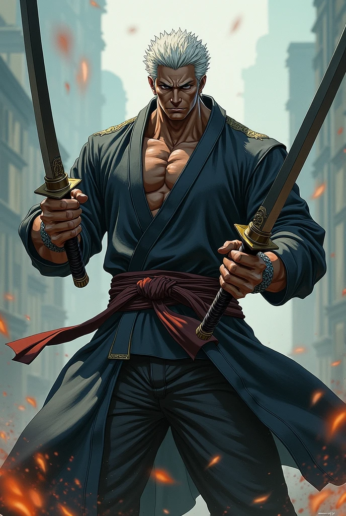 A warrior with two sabers, The man is black, il a les cheveux courts et blancs, he is quite muscular, il a un style comme Roronoa Zoro, il est 2 fois moins musclé.