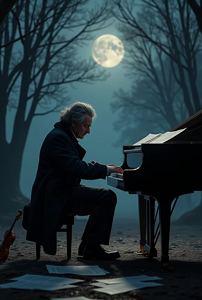 Beethoven, night, moon, piano, violin, scores