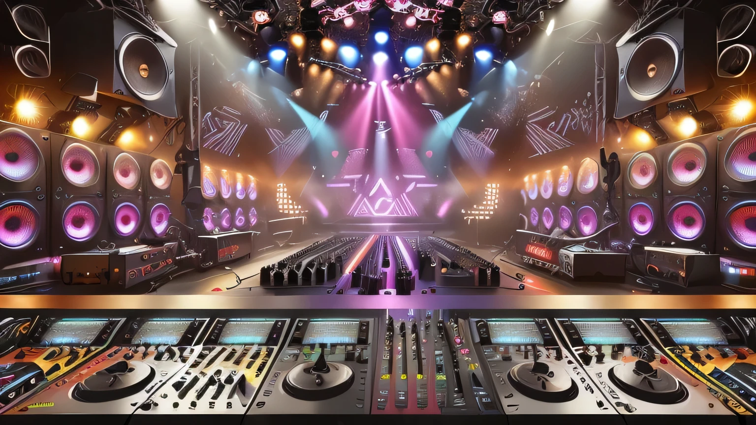 a close-up of a soundboard with many different speakers, dj, night club background, stage in a club, dj mixer, mixer rendering, dj set, night club, best in stock from Adobe, djing with dj turntables, audio equipment, elaborate stage effects, ibiza night club dancing inspired, turntable, virtual set, dance floor, club lighting, Mixing
