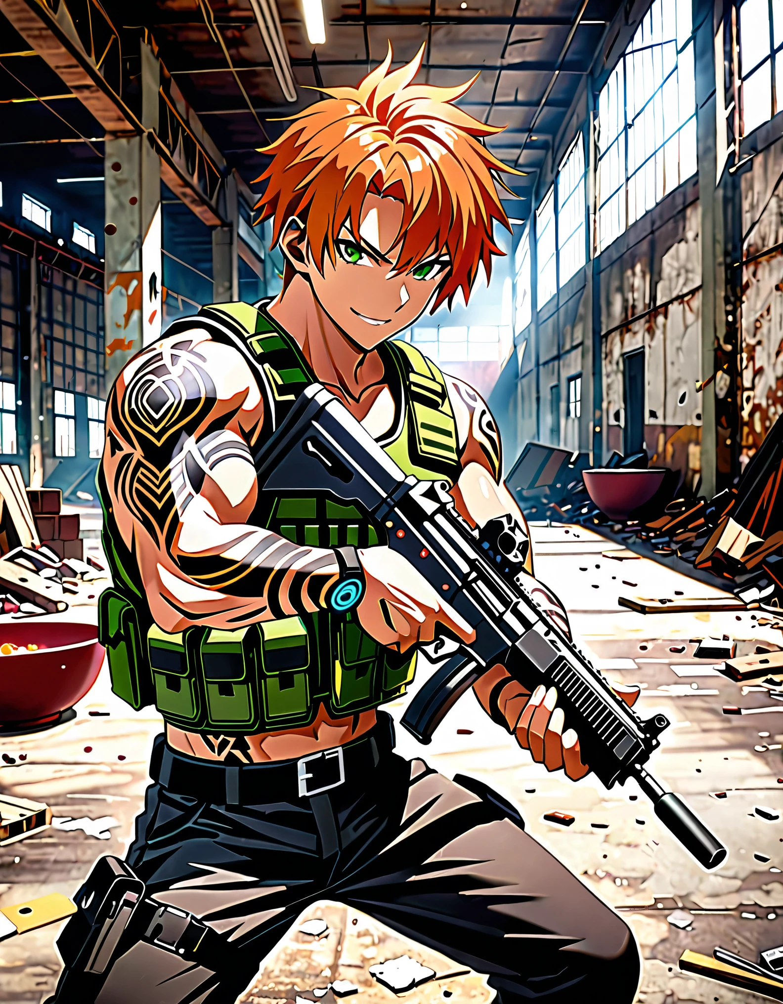 best quality, super detail, masterpiece, photography, scene: spacious abandoned warehouse, theme: mercenary, character: male gunslinger, appearance: muscular build, orange hair, bowl hair, short hair, green eyes, action: fighting stance, facial expression : smirk, holding a Heckler & Koch MP5, assault vest, mafia sports tattoos, cybernetic enhancements in arms, perspective: 4K.