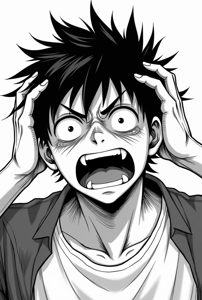A black and white Japanese manga character crying desperately with his hands on his head while screaming