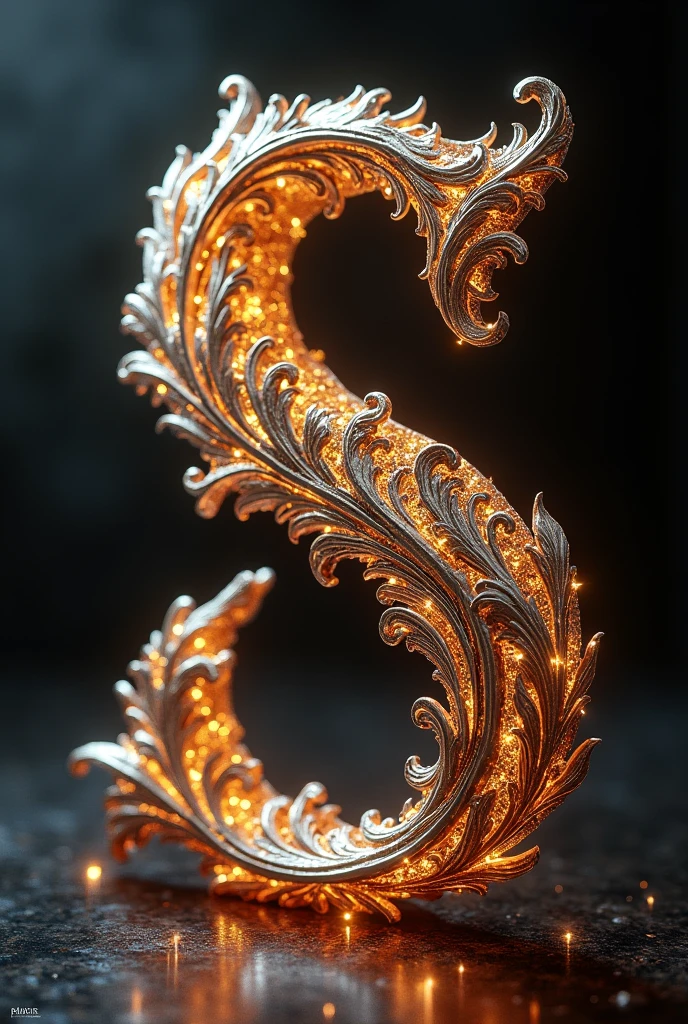a highly detailed 3d render of a capital letter S, intricate design, beautiful ornate typography, elaborate filigree patterns, shiny metallic surface, glowing highlights, dramatic lighting, cinematic composition, photorealistic, ultra-detailed, masterpiece