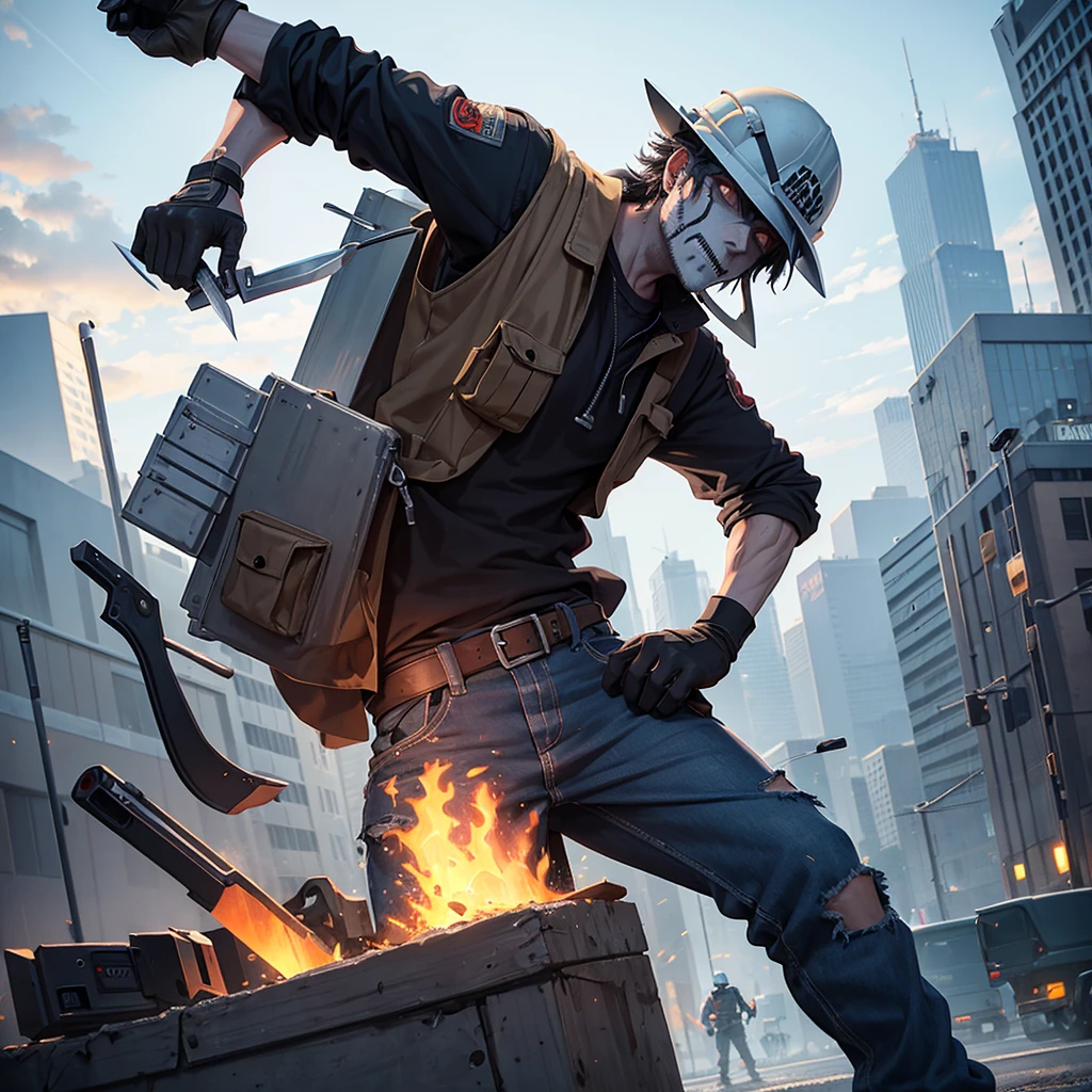 An undead constructionworker with constructon helmet with a blody knife