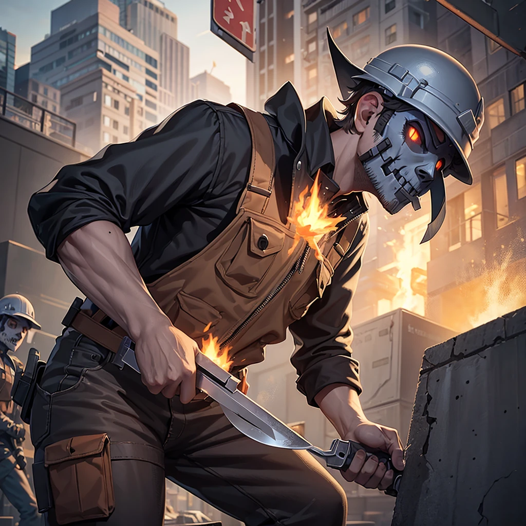 An undead constructionworker with constructon helmet with a blody knife 