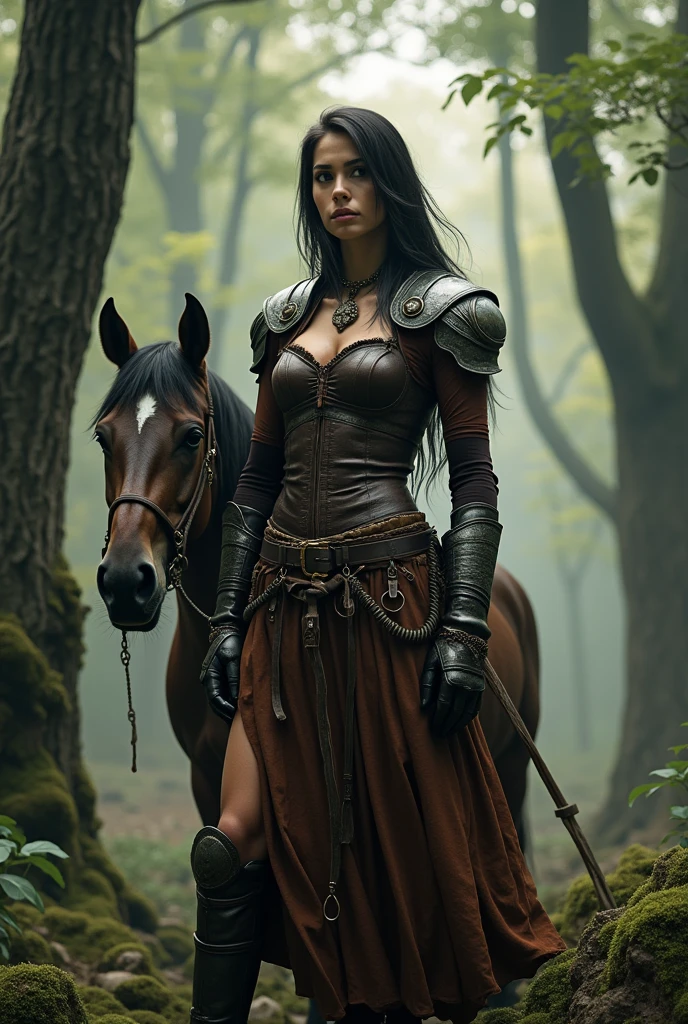 a one woman, warrioress, witcher,, leather armor, metal shoulder pads, long skirt and boots, a forest in the background, a horse at your side