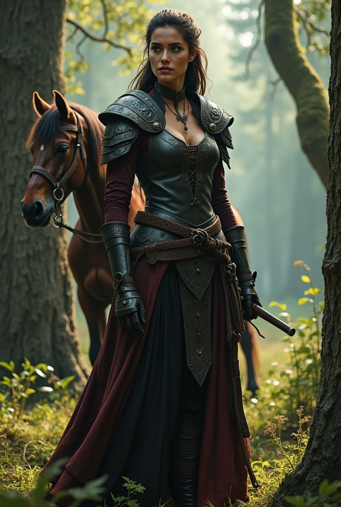 a one woman, warrioress, witcher,, leather armor, metal shoulder pads, long skirt and boots, a forest in the background, a horse at your side