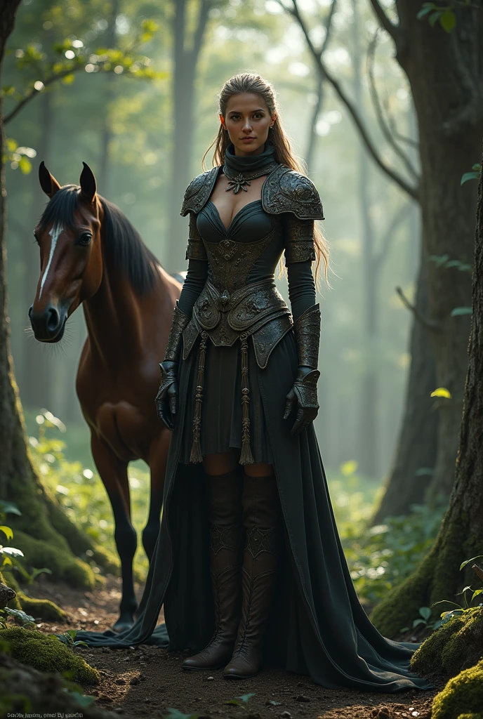 a one woman, warrioress, witcher,, leather armor, metal shoulder pads, long skirt and boots, a forest in the background, a horse at your side