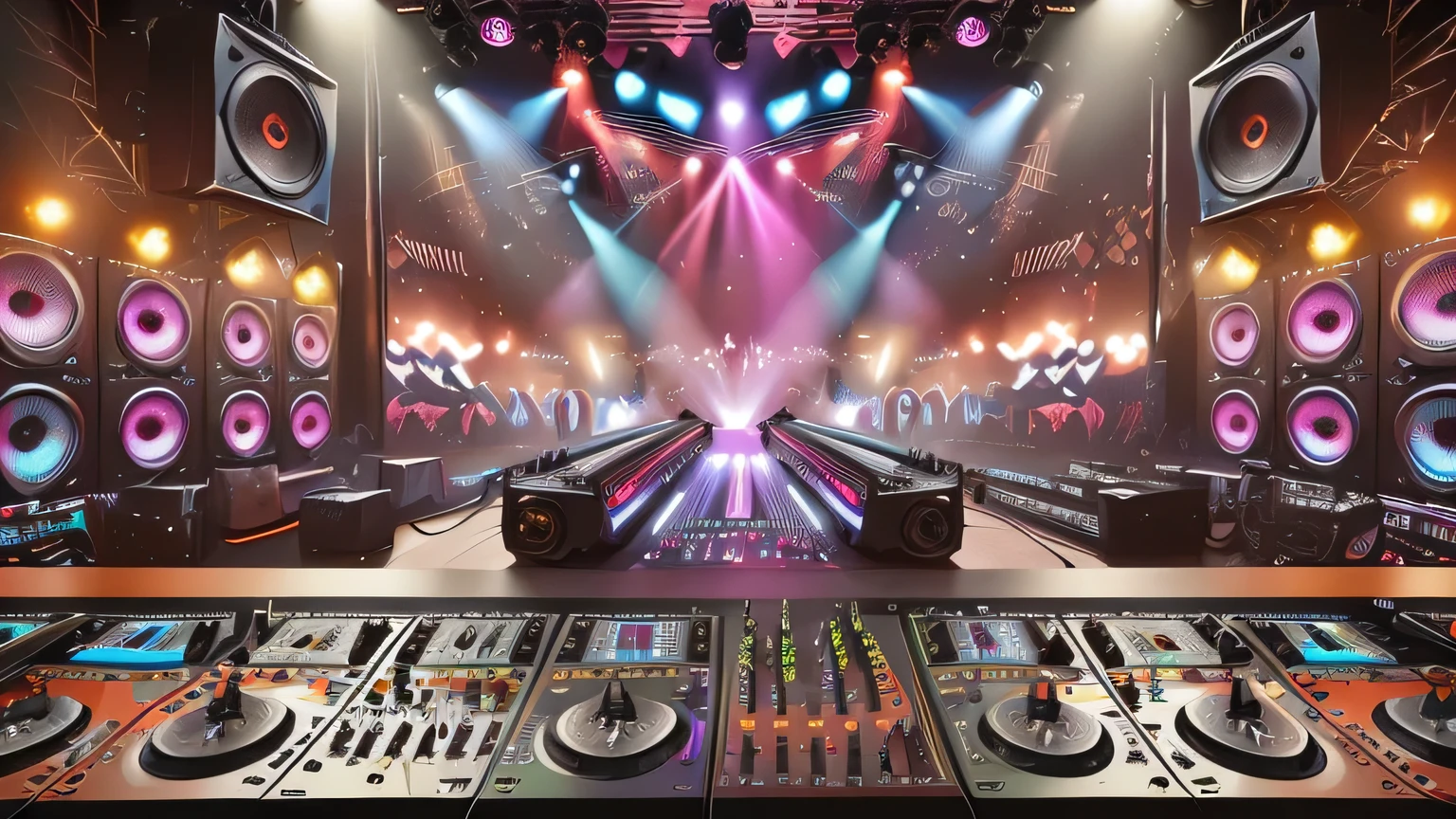 a close-up of a soundboard with many different speakers, dj, night club background, stage in a club, dj mixer, mixer rendering, dj set, night club, best in stock from Adobe, djing with dj turntables, audio equipment, elaborate stage effects, ibiza night club dancing inspired, turntable, virtual set, dance floor, club lighting, Mixing