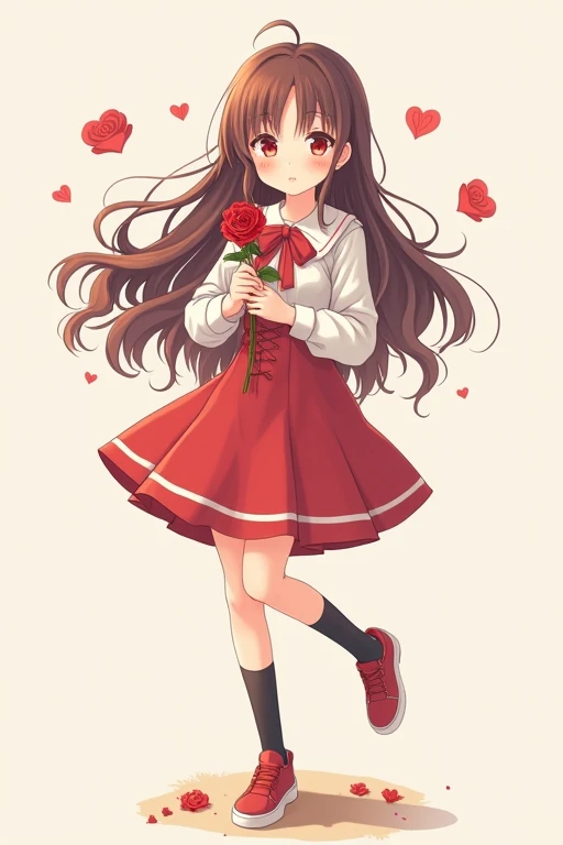 An illustration of a cute anime girl with long brown hair, red eyes, wearing a white dress shirt with a red handkerchief-shaped ribbon, a red skirt, black socks, and red shoes with white areas, smiling gently and holding a red rose in both arms.