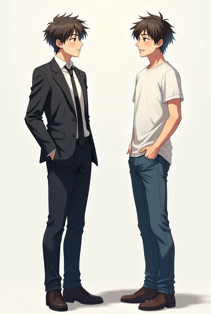 Two young men standing and talking to each other, one wears formal outfit, the other wears casual outfit,anime style, realistic full body portrait