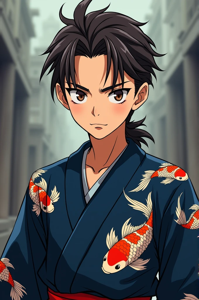 Male character Teenager with slicked back hair, dark brown eyes, wearing dark blue kimono with goldfish print, demon slayer anime style