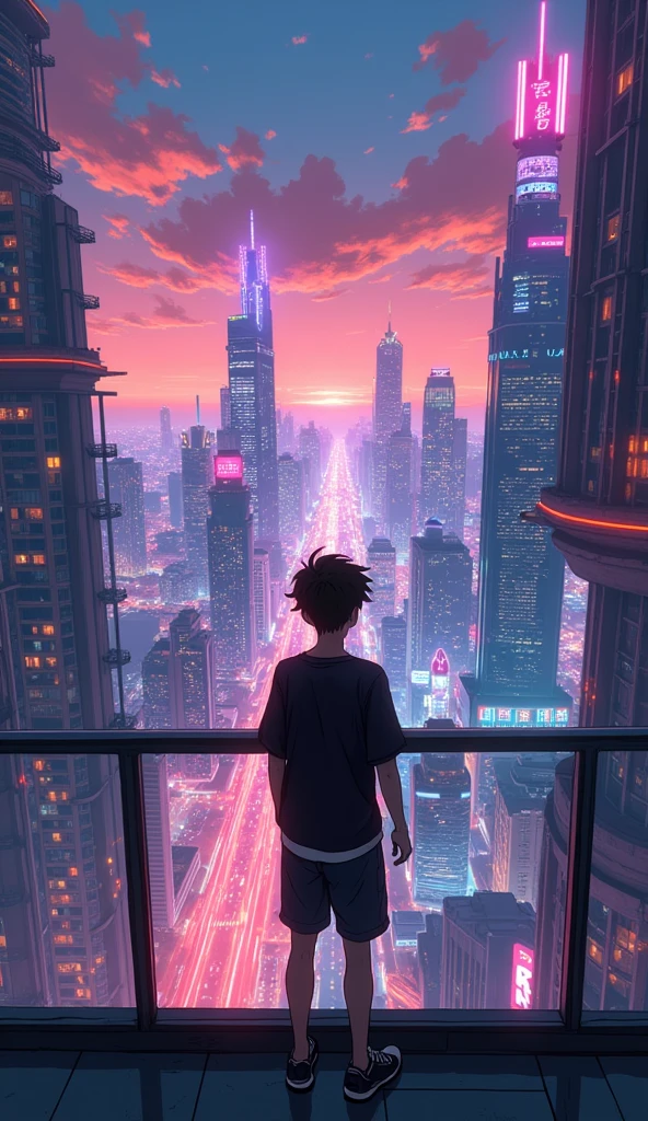 anime cyberpunk theme teenage boy looking at the city from a balcony of a skyscrapers overlooking a city(wide angle view)(glowing effect), makoto shinkai cyril rolando, makoto shinkai. —h 2160, style of afrofuturism aerial view,, ( ( makoto shinkai ) ), makoto shinkai. digital render, makoto shinkai!, beautiful anime sceneHawaii, gta vice style , illustration , reteo comic illustration