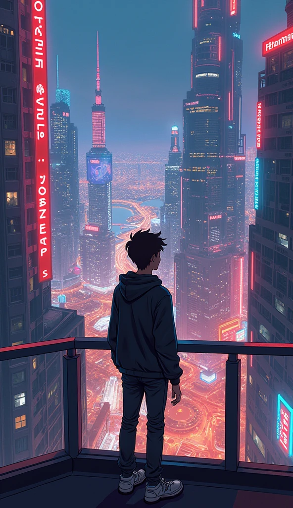 anime cyberpunk theme teenage boy looking at the city from a balcony of a skyscrapers overlooking a city(wide angle view)(glowing effect), makoto shinkai cyril rolando, makoto shinkai. —h 2160, style of afrofuturism aerial view,, ( ( makoto shinkai ) ), makoto shinkai. digital render, makoto shinkai!, beautiful anime sceneHawaii, gta vice style , illustration , reteo comic illustration