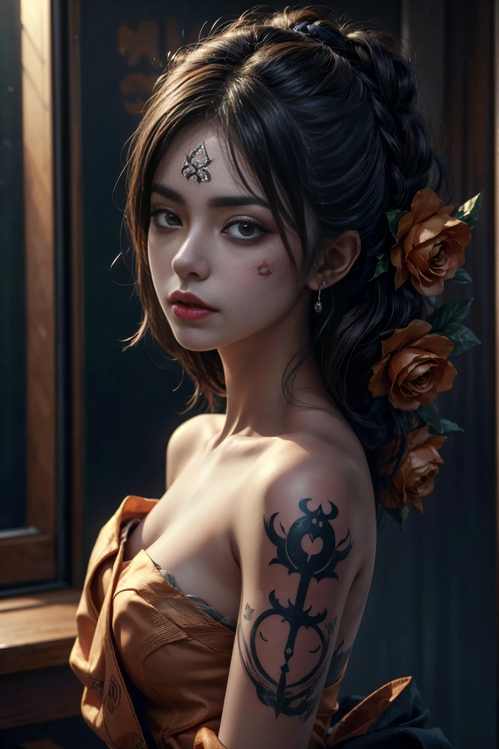 A fierce woman in nude, member of a Yakuza family, staring intensely into the camera, yakuza body tattoo, high detail, cinematic lighting, dramatic shadows, powerful expression, realistic portrait, digital painting, by Ilya Kuvshinov and Artgerm, moody atmosphere, 4k resolution.