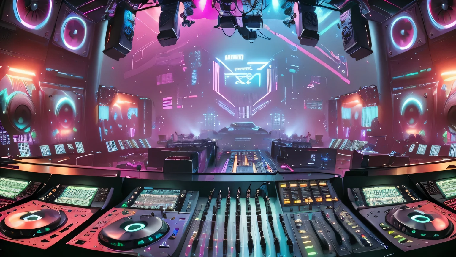 An airy view of a music studio with a large screen and lots of lights, beeple-style hybrid mix, cyberpunk nightclub, Clube Noturno Sci-Fi, dj, dj rave , futuristic scenery, nightclub background, 3D rendering beep, cyberpunk scene, electronic music, cyberpunk scene, arstation e beeple altamente