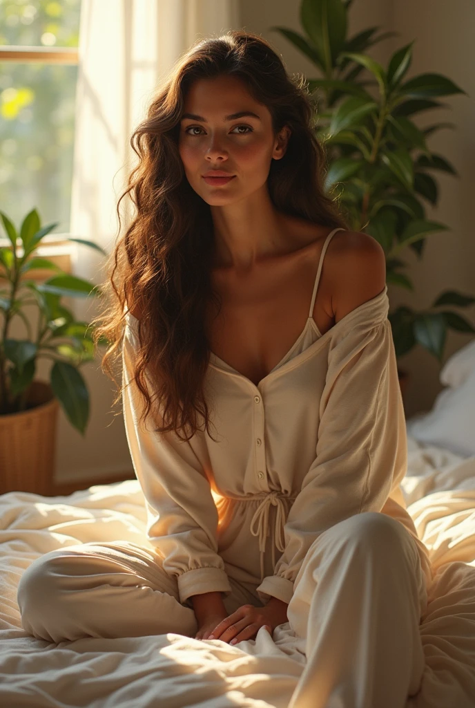 (photorealism:1.2), beautiful woman, sitting on bed, wearing loose off-shoulder top, pajama pants, long curly hair, indoors, soft lighting, plants in background, window with sunlight, cozy room, relaxed pose, realistic, intricate details, warm colors, by Greg Rutkowski, by Alphonse Mucha