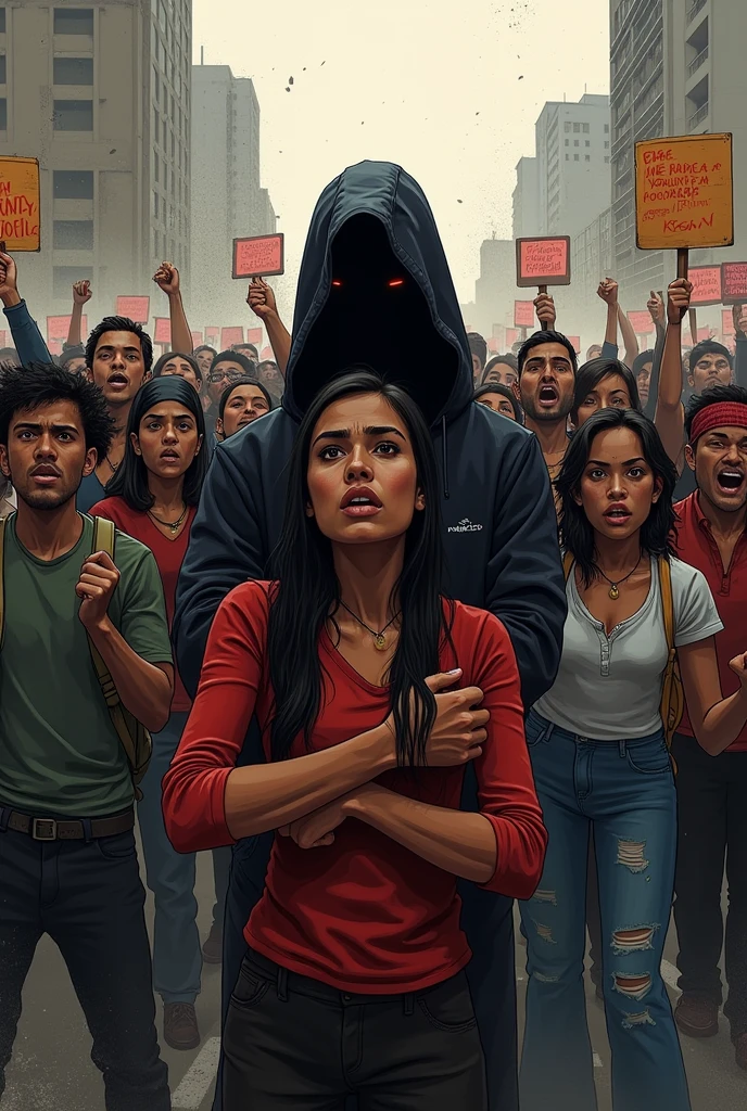 A concept art of showing Harsh reality of this generation, make a sketch where a crowd is protesting against rapes and a person behind the crowd trying to rape another women, contrast the difference