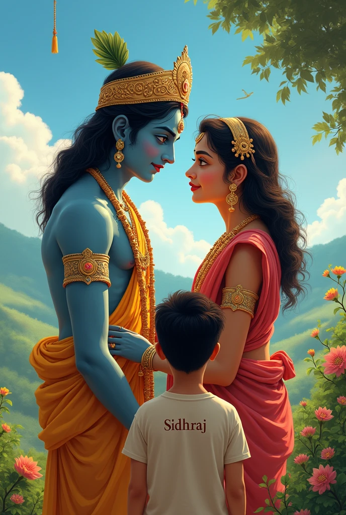 Radha kreeshna with young boy in t shirt sidhraj name on t shirt he see front