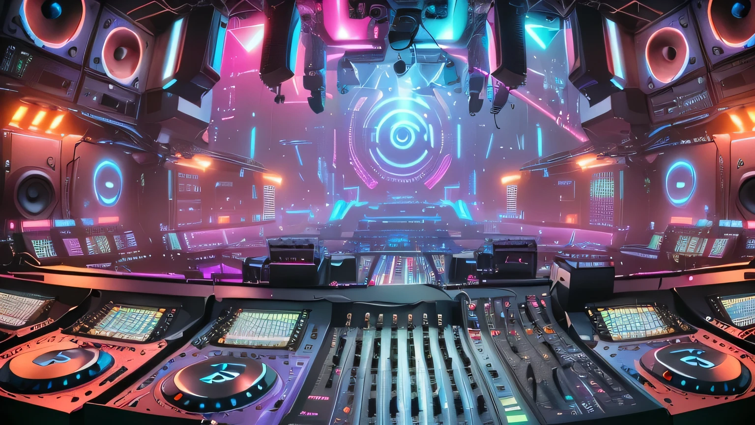 An airy view of a music studio with a large screen and lots of lights, beeple-style hybrid mix, cyberpunk nightclub, Clube Noturno Sci-Fi, dj, dj rave , futuristic scenery, nightclub background, 3D rendering beep, cyberpunk scene, electronic music, cyberpunk scene, arstation e beeple altamente