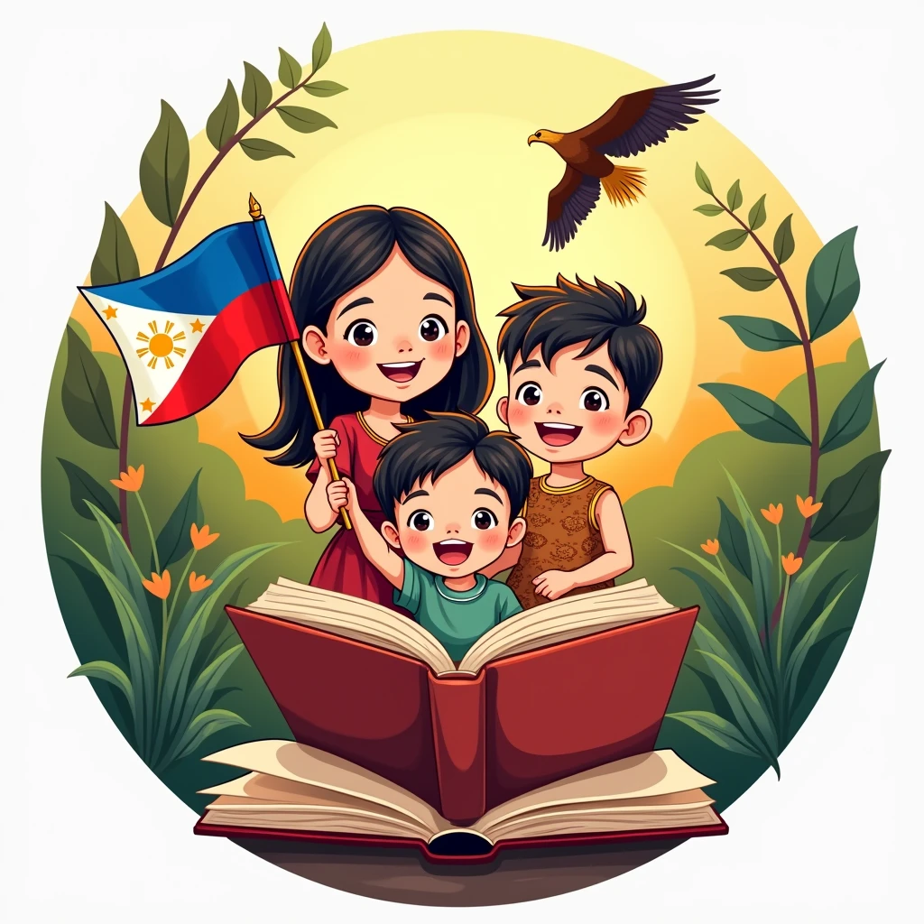 (CARTOONISH)Create a traditional and modern CIRCLE logo for Buwan ng Wika (National Language Month) featuring three people smiling with bright teeth, BROWN skin tone, (half body) standing close together popping from a book in the BACKGROUND, NATURE BACKGROUND, wearing traditional Filipino attire, and a philippine eagle in the back spreading out its wings. The central figure, a girl IN THE MIDDLE ONLY holding the Philippine flag in a traditional Filipino dress consisting of a dirty white blouse (Baro) and a red skirt (Saya). The two accompanying figures, one boy in a barong tagalog and the other one boy dark skin in tribal attire(PHILIPPINES), overall 3. Use the colors of the Philippine flag and any other colors that represent the topic. The composition should be in a fish point of view. (warm tone) (golden hour) (close up of the face), vibrant colors.