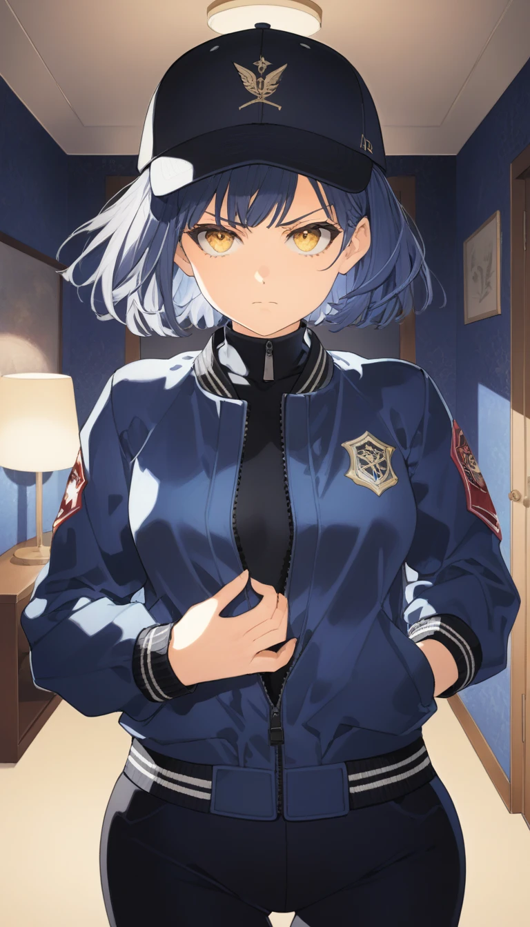 score_9, score_8_up, score_7_up, source_anime, 1girl, yellow eyes, room, wariza, medium hair, pixie bob haircut, navy blue hair, Frowning face, serious face, portrait, blazer, starshadowmagician, solo, Adult woman, best perfect anatomy, thin, curvy body, flat breasts, close up shot on person, pov_doorway, a woman showing his hand, mature woman standing poses, black baseball cap, black turtleneck long sleeve, black format pants, bomber jacket with zipper, dynamic angle. perfect dynamic composition, foreshortening, night days, volumetric lighting, hotel room background,