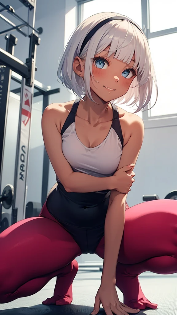 One Girl、独奏, Beautiful silver hair、((((Very short hair))))、Blue eyes、(hair band)、((Blunt bangs)), ((Medium Chest)), 24-years-old, (tsurime), Tight waist, slender、Anime Style、see-through tank top、Sweat、 Pink leggings、Natural smile、Very cute face、 On a yoga mat, sexy pose, bewitching pose, squatting, spread legs, In the training room、At the gym、Depth of written boundary、cowboy shot, from below, 