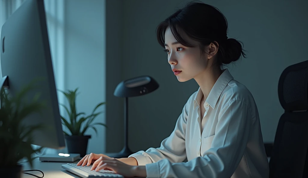A pretty woman is using a computer and a video、He seems to be lost in thought.