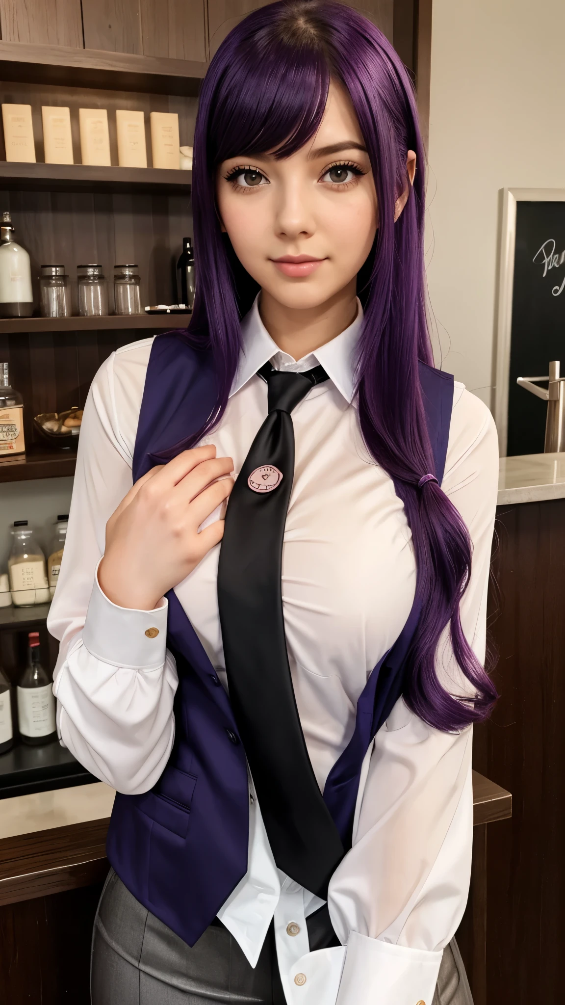 1 girl, One, bang, blush, hand on chest, Jill Stingray, long sleeves, I look at the viewer, purple hair, medium breast, tie, shirt, One, upper body, vest, barman, vest, white shirt,
