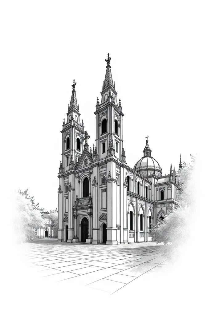 A side view of the Cathedral of Lima, Peru, which is seen complete with all its architectural parts, in black and white only lines