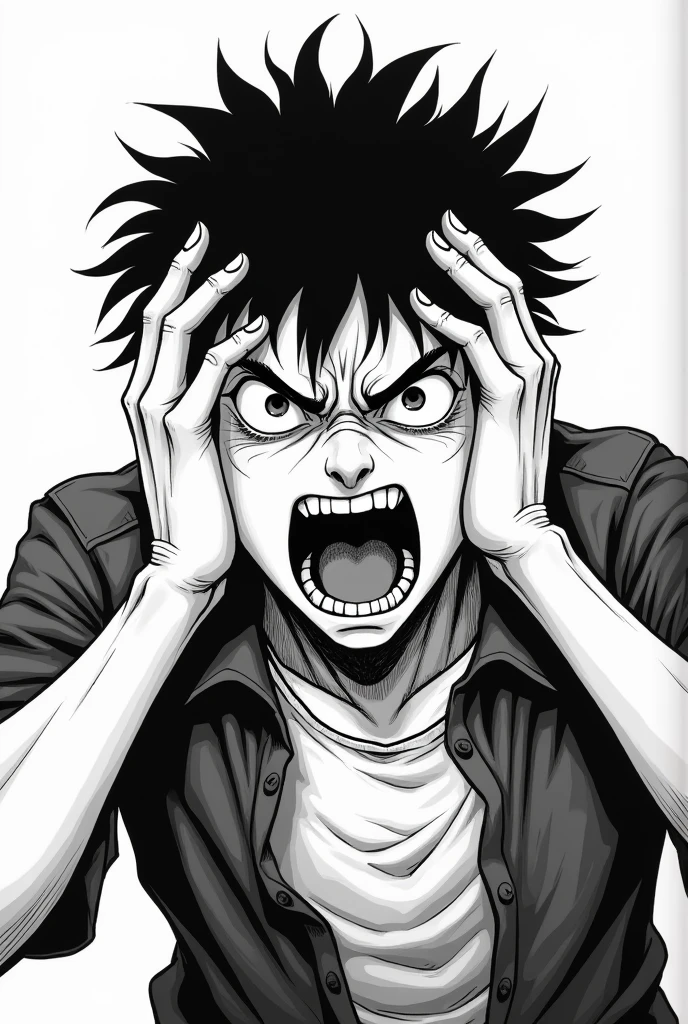 A black and white Japanese manga character crying desperately with his hands on his head while screaming in horror manga style, japanese horror stories