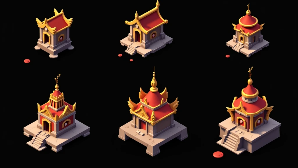 a close up of several different temples, detailed temples, small temples, Temples and temple details, isometric temples, prerendered isometric graphics, stylized temples, game assets, isometric game feature, large temples, Isometric views, temple background, isometric game art, detailed temples, isometric view of a temple, 3D Renderings