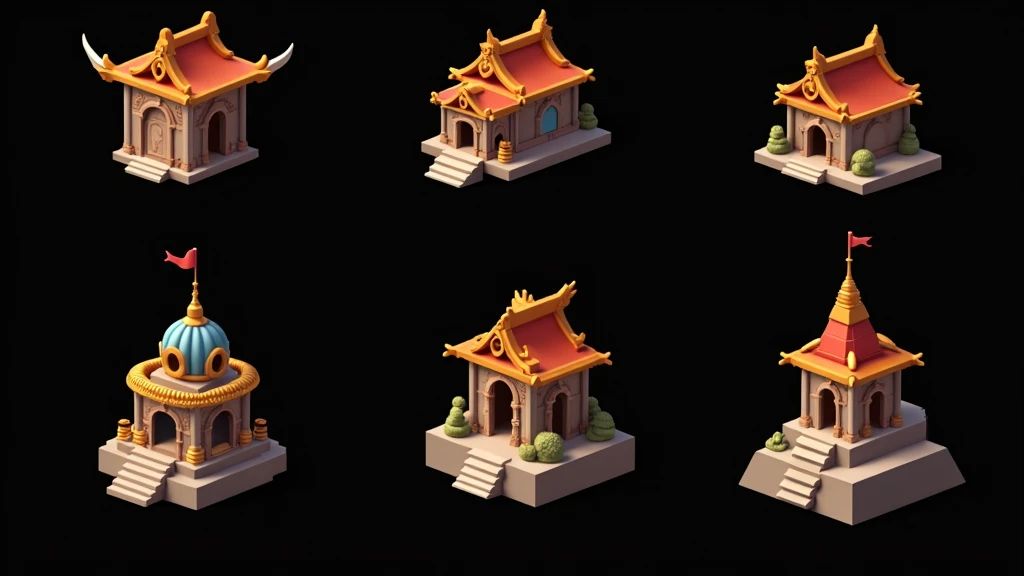 a close up of several different temples, detailed temples, small temples, Temples and temple details, isometric temples, prerendered isometric graphics, stylized temples, game assets, isometric game feature, large temples, Isometric views, temple background, isometric game art, detailed temples, isometric view of a temple, 3D Renderings