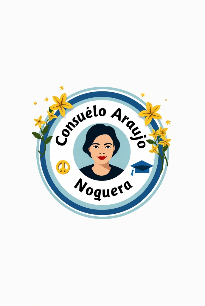 Logo of an educational institution Consuelo Araujo Noguera in a circle where its icons are peace, Culture and education where they are enclosed within the circle and around with some flowers and in the center to Consulo Araujo Noguera a photo with the characteristic colors blue, White and yellow