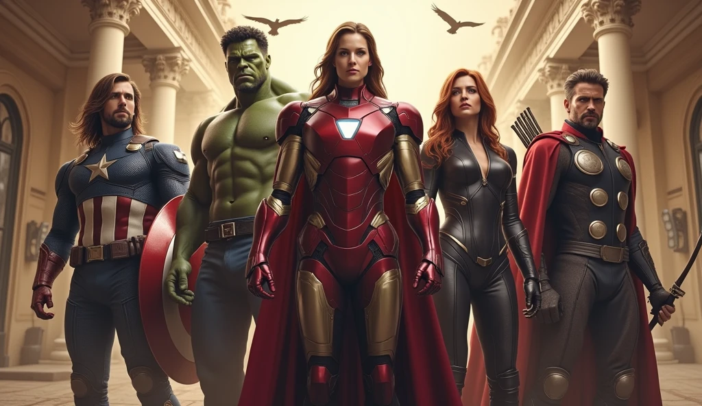 1850's Marvel Avengers characters, captain america, iron man, thor, hulk, black widow, hawkeye, realistic, realistic character, vintage, vintage characters, vintage background, male, hawks in background, highly detailed, extremely detailed, 8k, masterpiece, ultra-detailed, photorealistic, hdr, studio lighting, physically-based rendering, extreme detail description, vivid colors, dramatic lighting, cinematic, epic, Marvel Avengers 80s all six characters in one frame